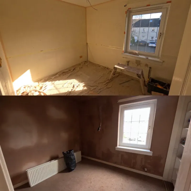 Before and after of a bedroom stripped back and replastered