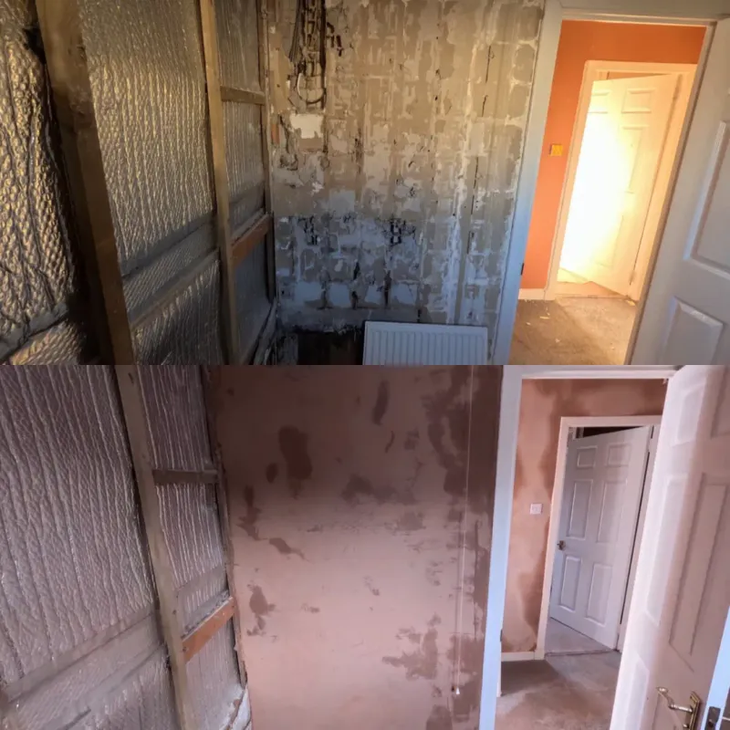 Before and after of a hallway stripped back and replastered