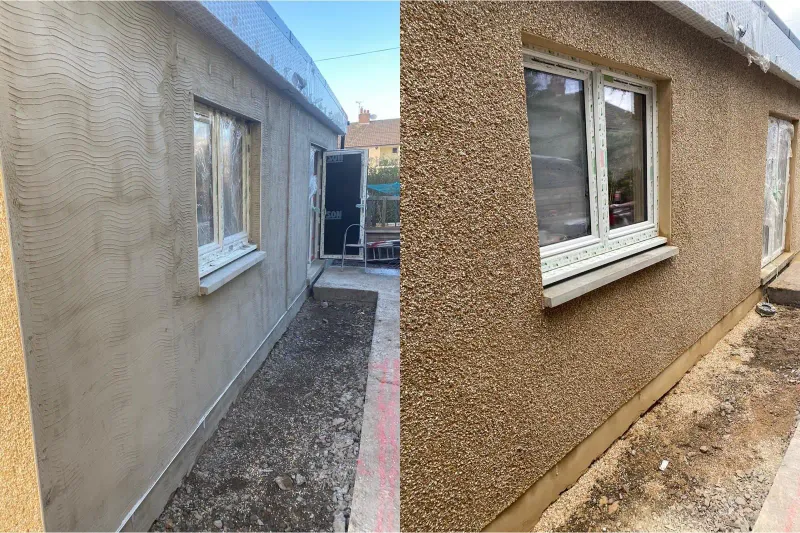Before and after of an exterior wall: the base render coat, then the finished roughcast