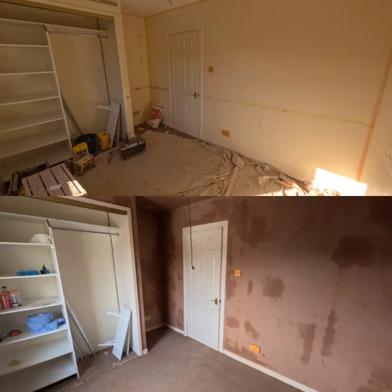 Before and after of a room stripped back and replastered