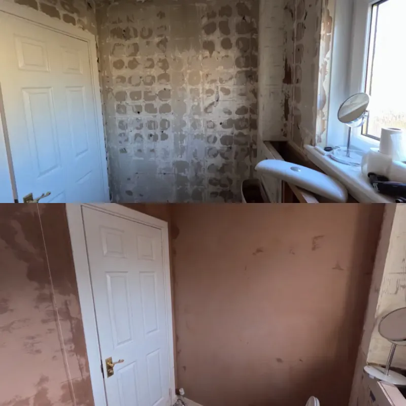 Before and after of a stone wall plastered and finished flat