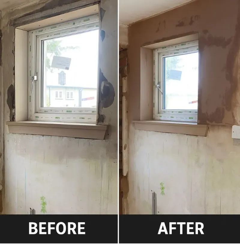 Before and after of a bedroom window reveal made good