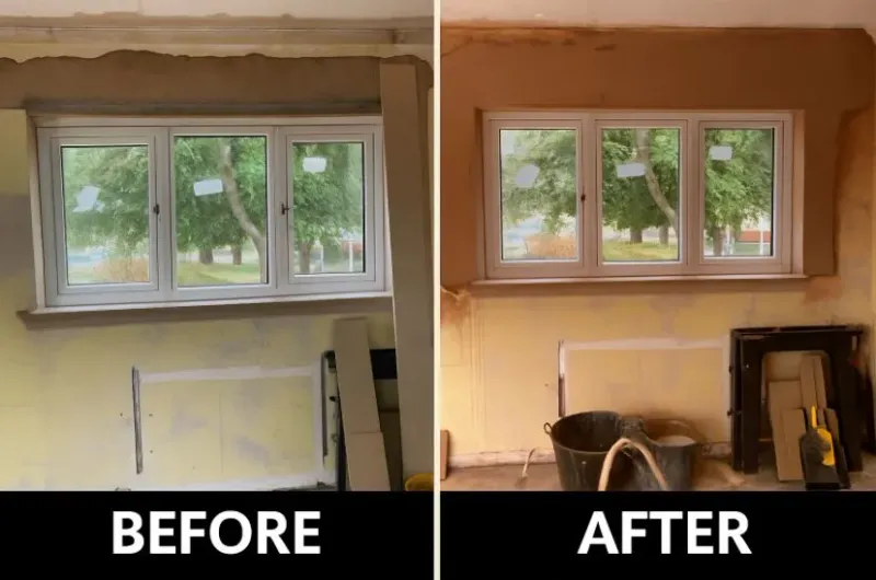 Before and after of a kitchen window reveal patched and made good