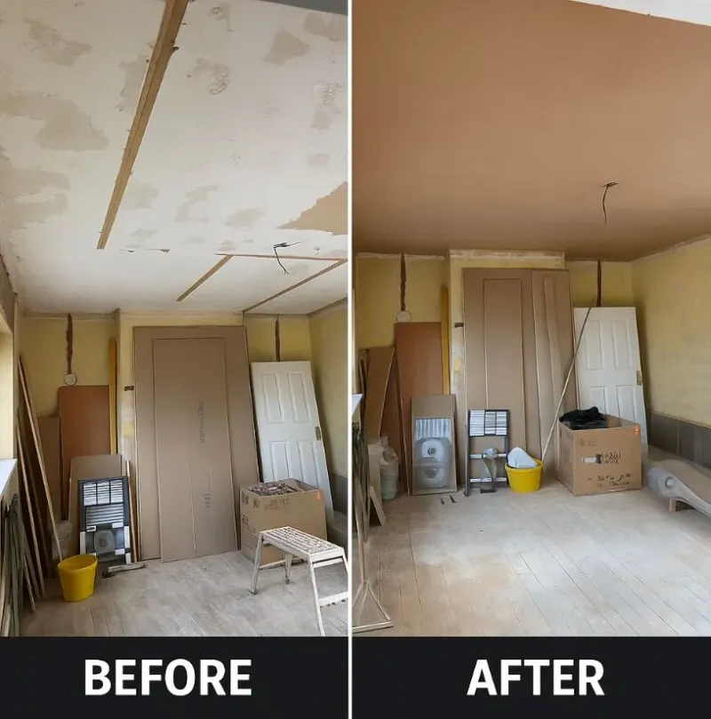 Before and after of a window reveal patched and finished