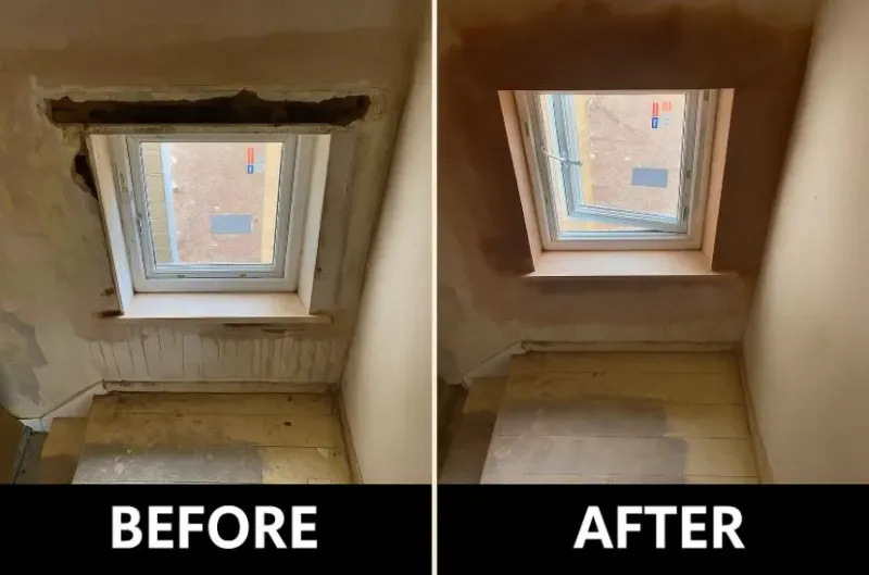 Before and after of a stairwell window reveal made good