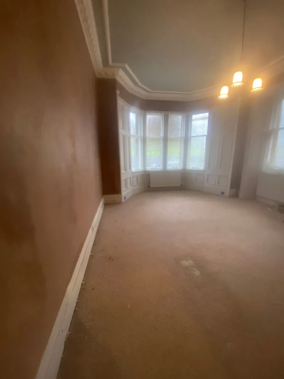 A period living room with high walls freshly plastered throughout, cornicing and bay window intact