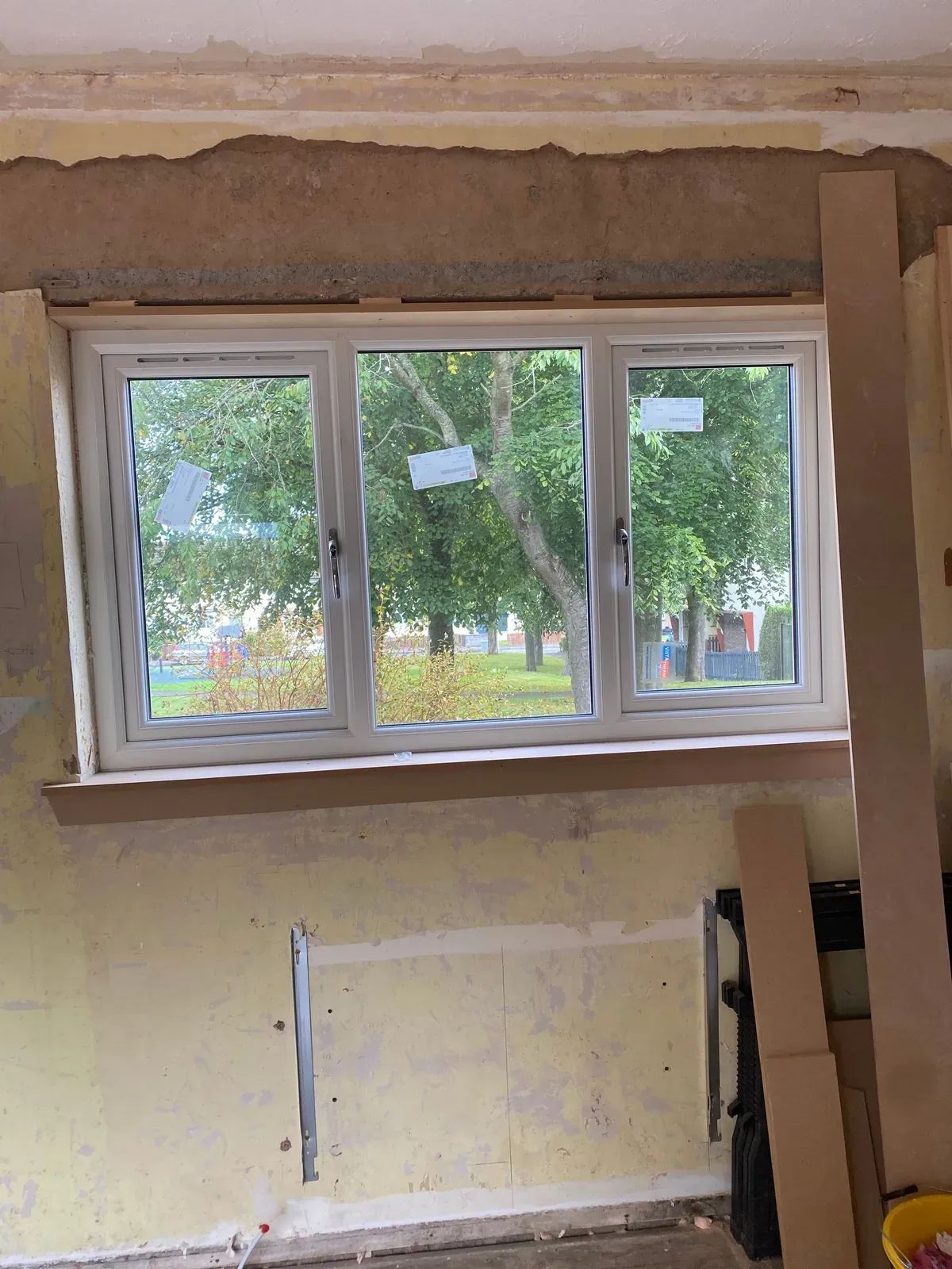 A window reveal patched and plastered after a new window was fitted